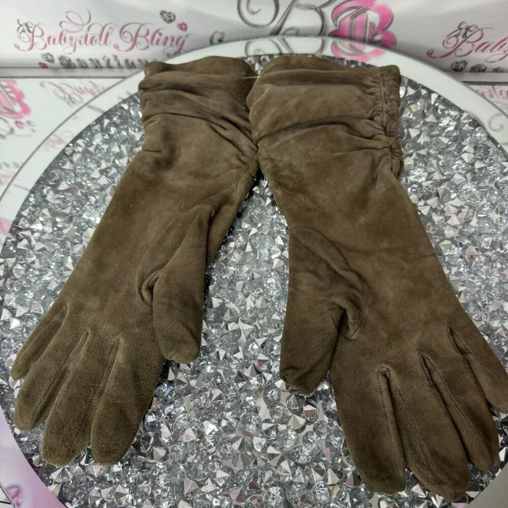 Holt renfrew gloves mittens taupe brown grey nude leather silk cinched sides 7